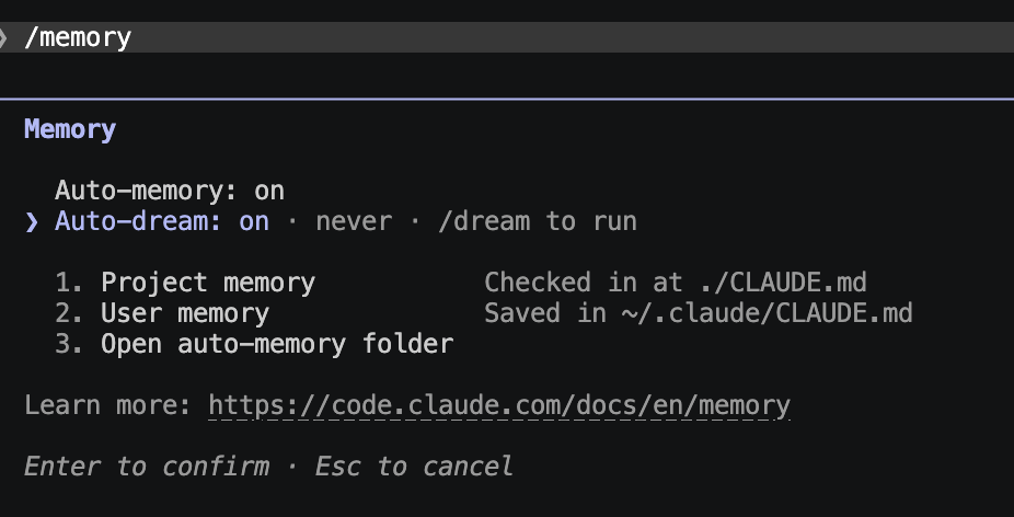 Screenshot of the /memory command in Claude Code showing Auto-dream active